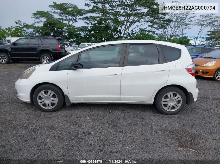 2010 Honda Fit VIN: JHMGE8H22AC000794 Lot: 40836678