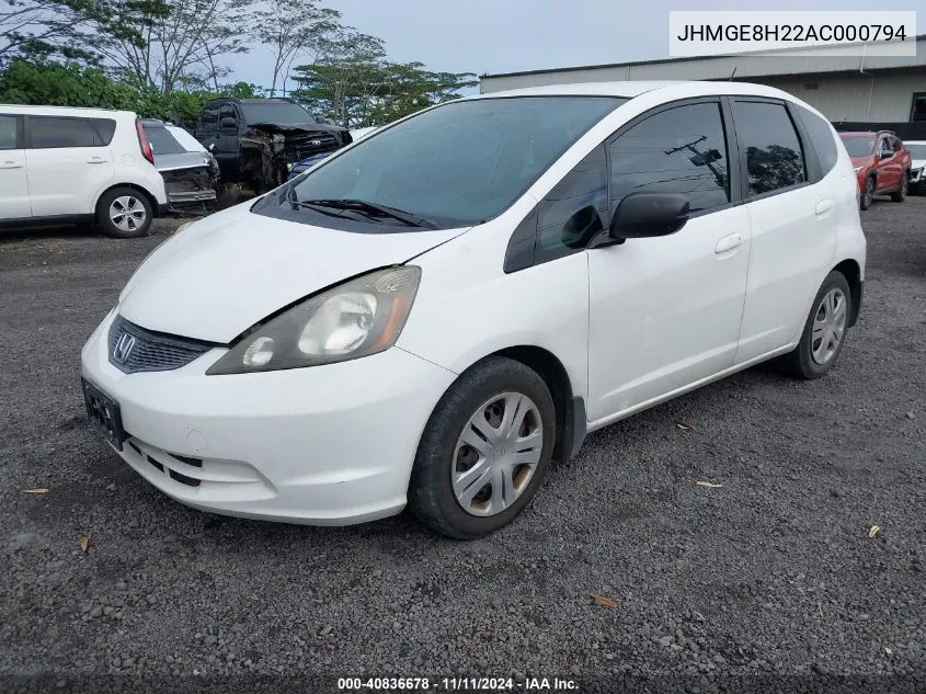 2010 Honda Fit VIN: JHMGE8H22AC000794 Lot: 40836678