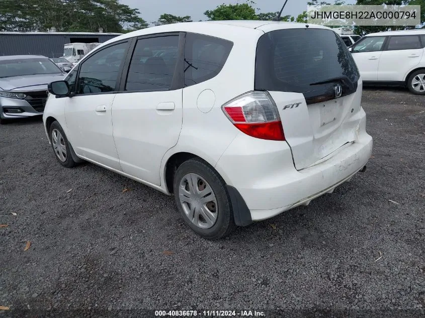 2010 Honda Fit VIN: JHMGE8H22AC000794 Lot: 40836678