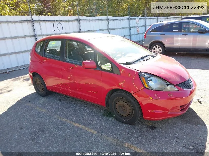 2012 Honda Fit VIN: JHMGE8H38CC022892 Lot: 40565714