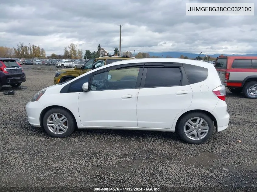 2012 Honda Fit VIN: JHMGE8G38CC032100 Lot: 40834576