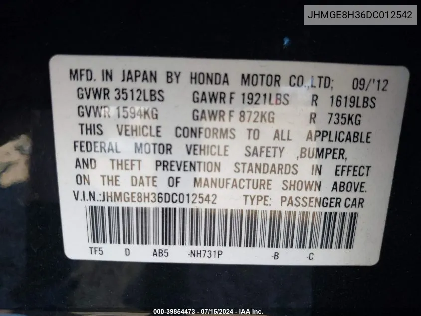 JHMGE8H36DC012542 2013 Honda Fit