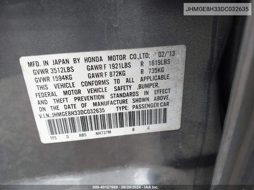 JHMGE8H33DC032635 2013 Honda Fit