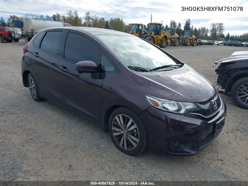 2015 Honda Fit Ex/Ex-L VIN: 3HGGK5H8XFM751078 Lot: 40587628