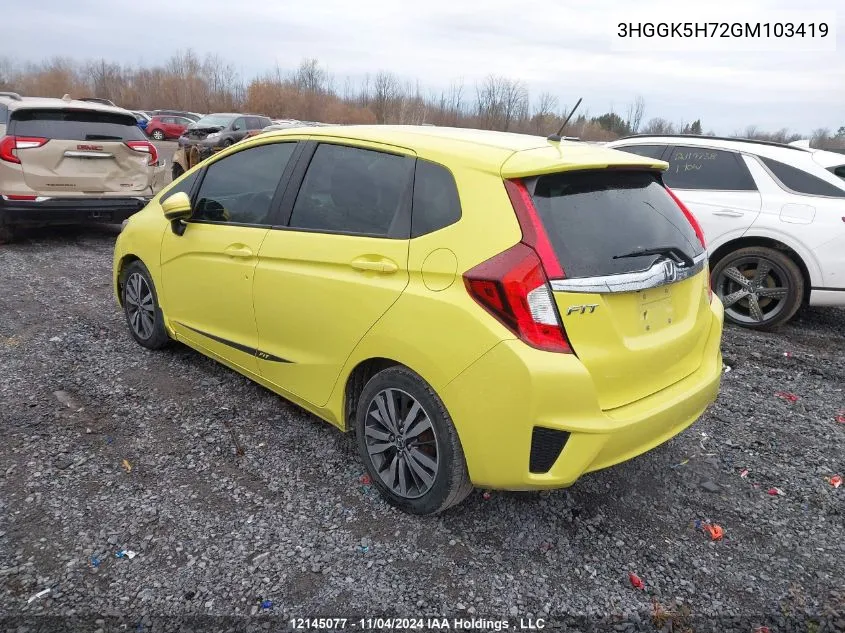 2016 Honda Fit Ex/Exl VIN: 3HGGK5H72GM103419 Lot: 12145077