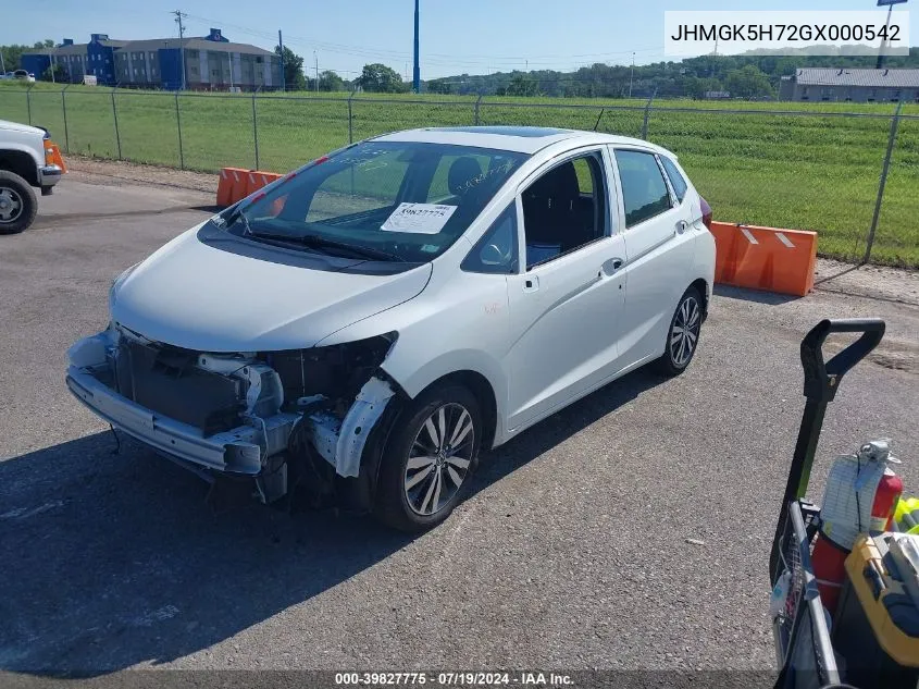 2016 Honda Fit Ex/Exl VIN: JHMGK5H72GX000542 Lot: 39827775