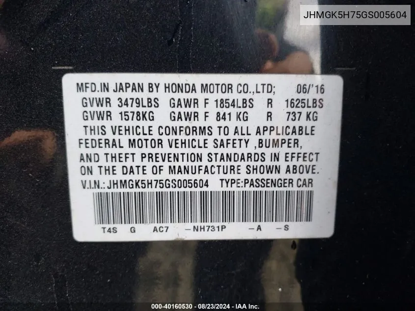 JHMGK5H75GS005604 2016 Honda Fit Ex