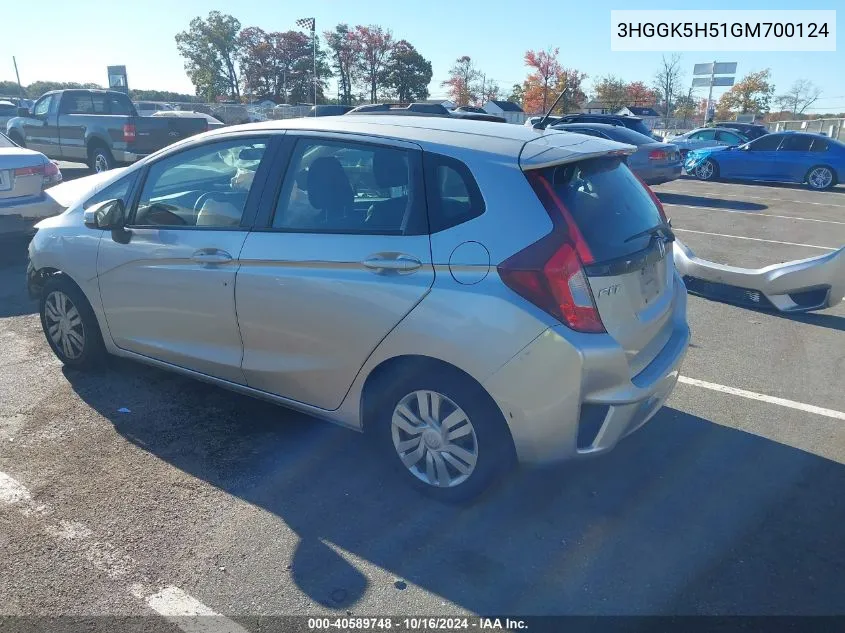 2016 Honda Fit Lx VIN: 3HGGK5H51GM700124 Lot: 40589748