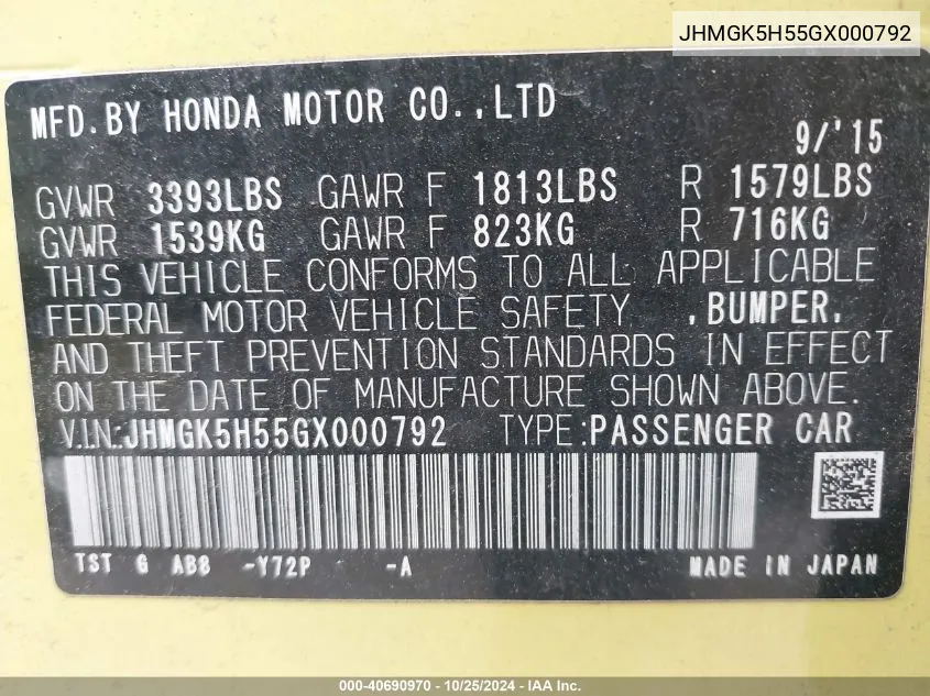 JHMGK5H55GX000792 2016 Honda Fit Lx