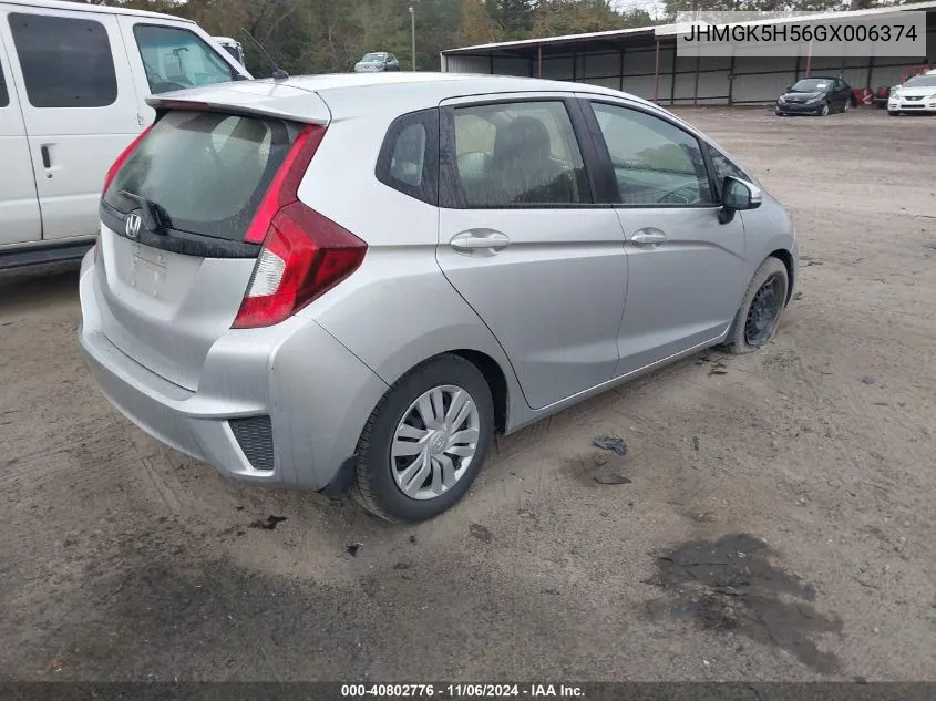 2016 Honda Fit Lx VIN: JHMGK5H56GX006374 Lot: 40802776