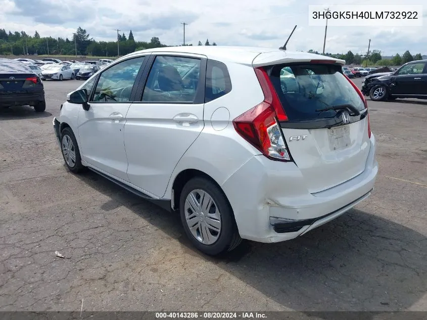 2020 Honda Fit Lx VIN: 3HGGK5H40LM732922 Lot: 40143286