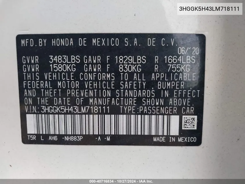 2020 Honda Fit Lx VIN: 3HGGK5H43LM718111 Lot: 40716834