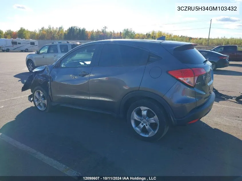 2016 Honda Hr-V VIN: 3CZRU5H34GM103432 Lot: 12098607