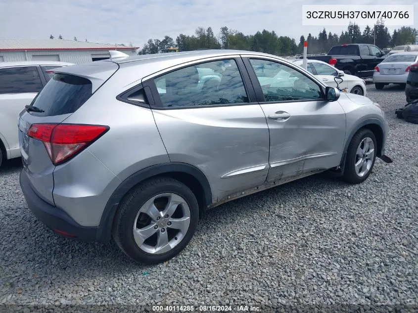 2016 Honda Hr-V Lx VIN: 3CZRU5H37GM740766 Lot: 40114285