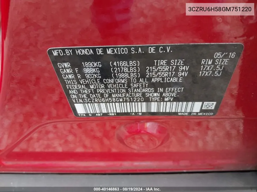 3CZRU6H58GM751220 2016 Honda Hr-V Ex