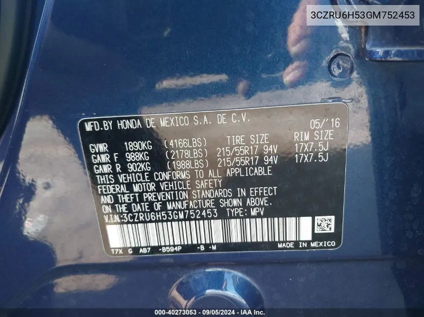 3CZRU6H53GM752453 2016 Honda Hr-V Ex