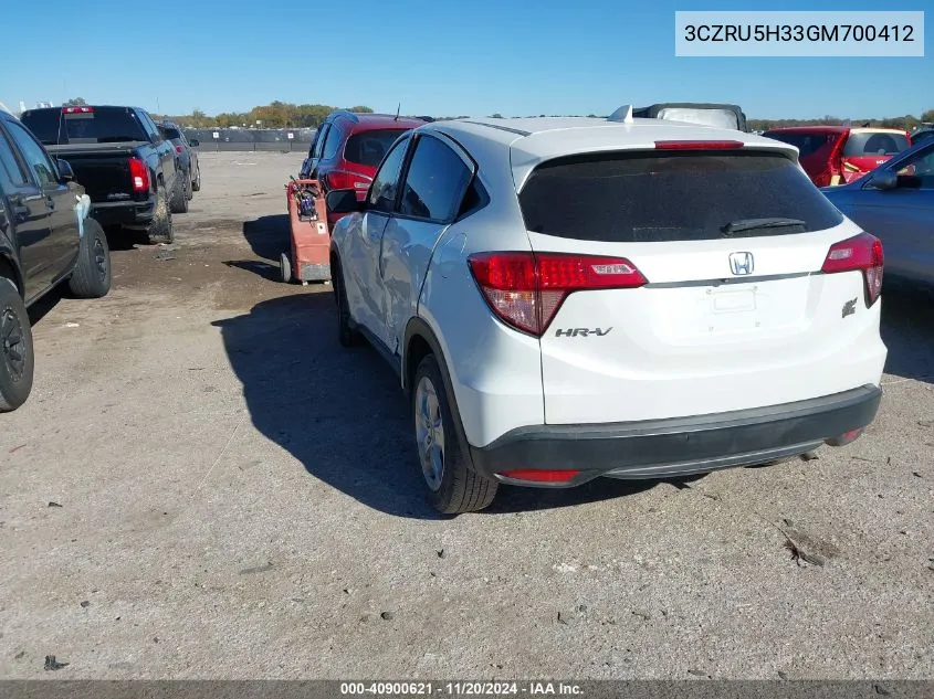 2016 Honda Hr-V Lx VIN: 3CZRU5H33GM700412 Lot: 40900621