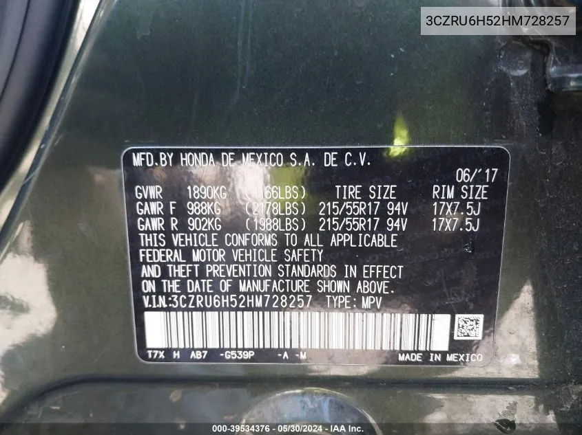 3CZRU6H52HM728257 2017 Honda Hr-V Ex