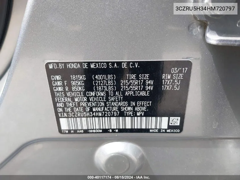 3CZRU5H34HM720797 2017 Honda Hr-V Lx