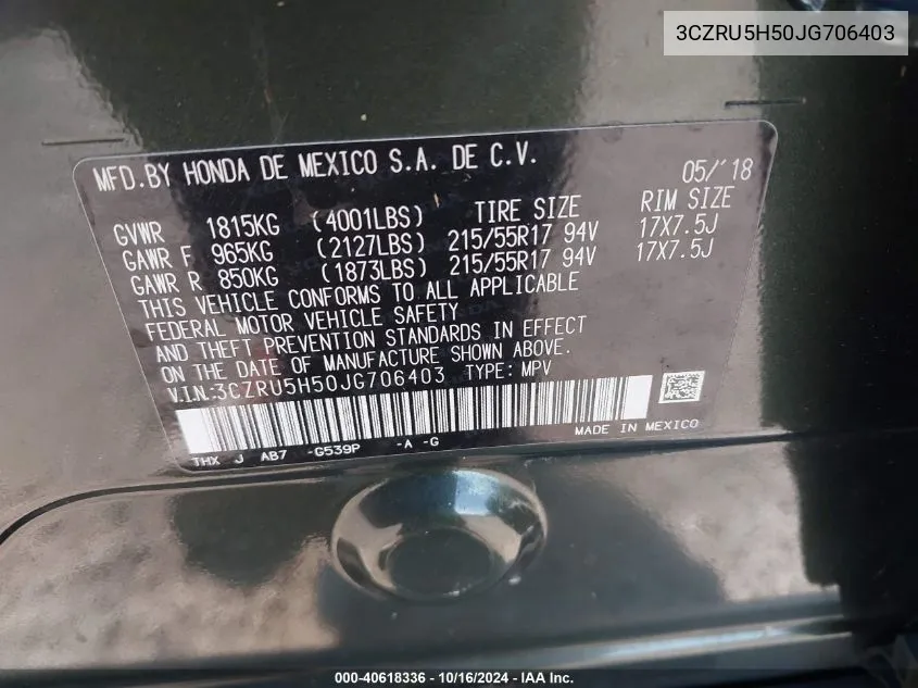 3CZRU5H50JG706403 2018 Honda Hr-V Ex