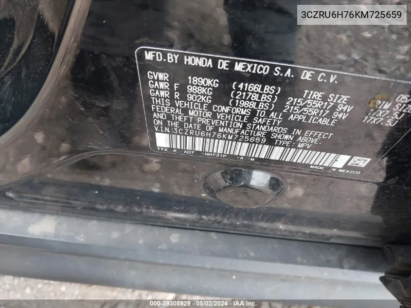 3CZRU6H76KM725659 2019 Honda Hr-V Ex-L