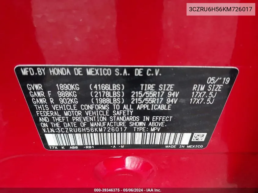 3CZRU6H56KM726017 2019 Honda Hr-V Ex