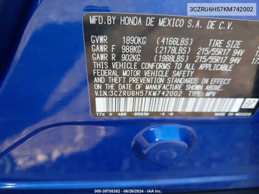 3CZRU6H57KM742002 2019 Honda Hr-V Ex