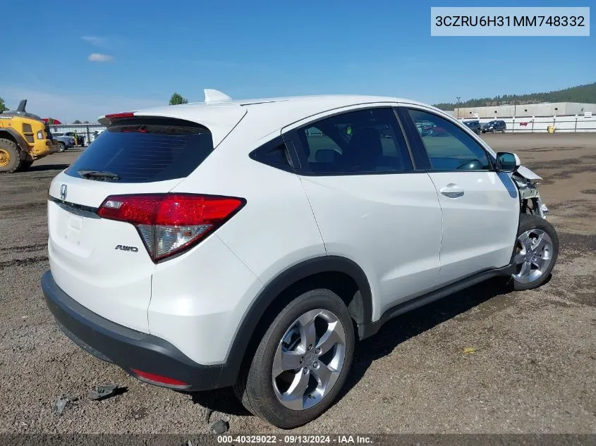 2021 Honda Hr-V Awd Lx VIN: 3CZRU6H31MM748332 Lot: 40329022