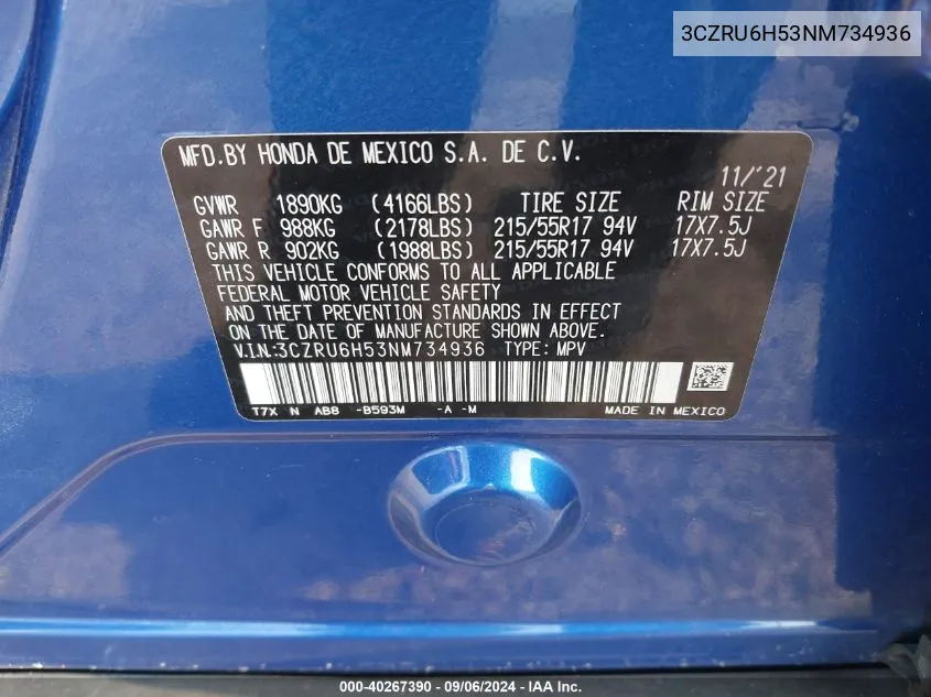 3CZRU6H53NM734936 2022 Honda Hr-V Ex