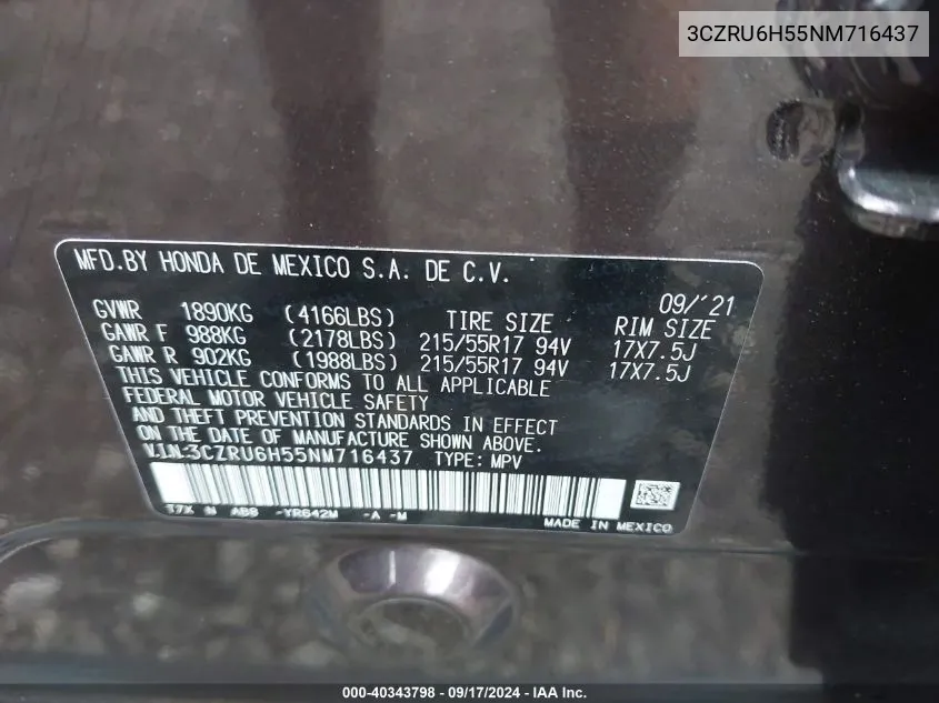 3CZRU6H55NM716437 2022 Honda Hr-V Awd Ex