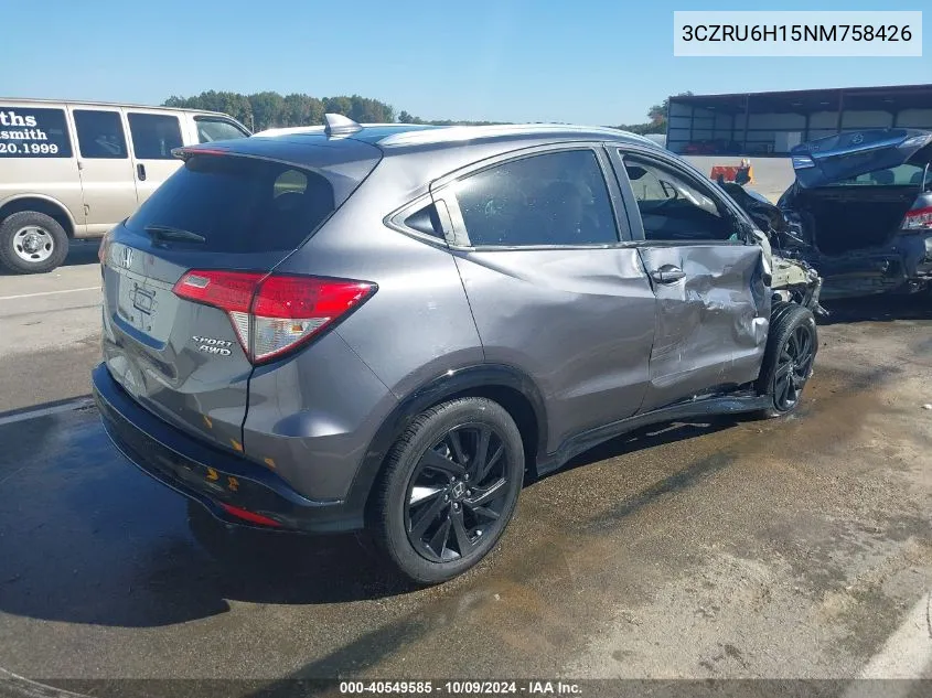 2022 Honda Hr-V Awd Sport VIN: 3CZRU6H15NM758426 Lot: 40549585