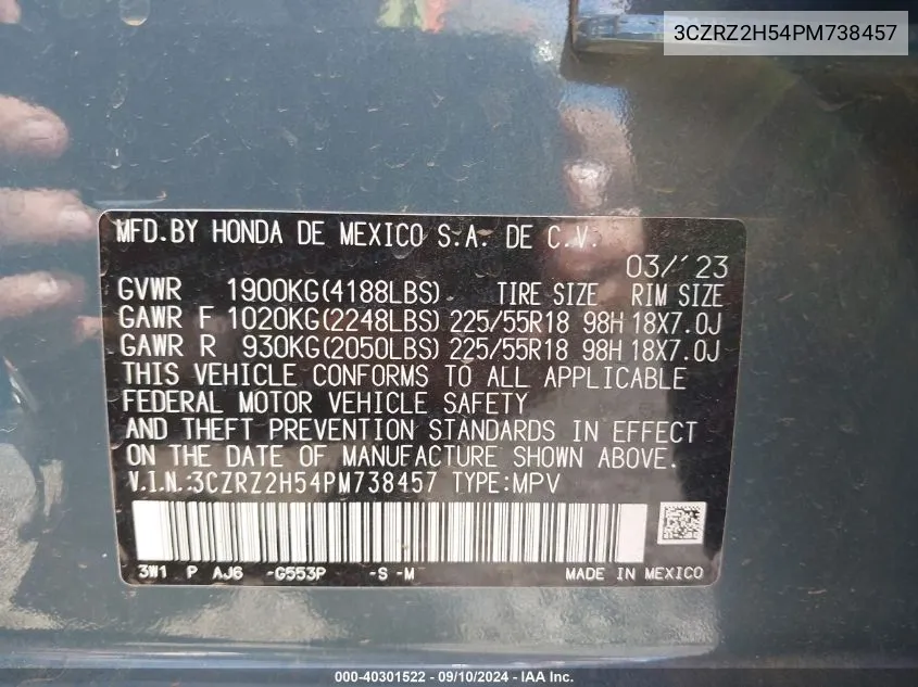 2023 Honda Hr-V Sport VIN: 3CZRZ2H54PM738457 Lot: 40301522