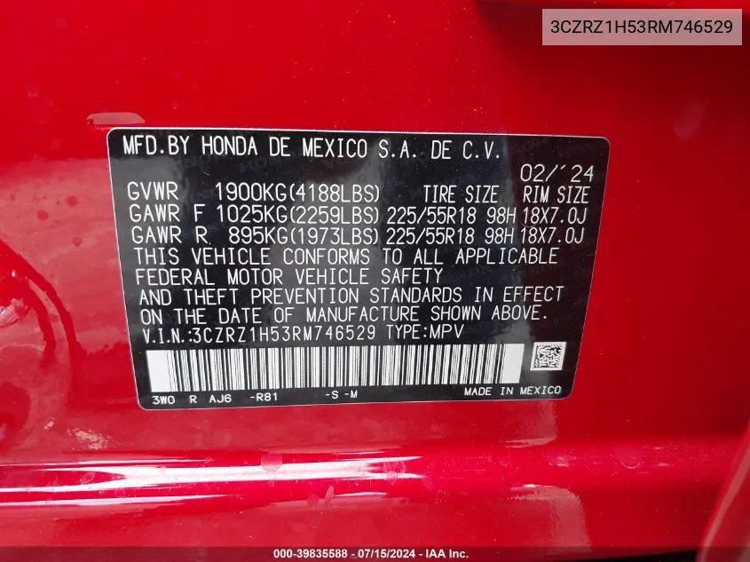 2024 Honda Hr-V 2Wd Sport/2Wd Sport W/O Bsi VIN: 3CZRZ1H53RM746529 Lot: 39835588