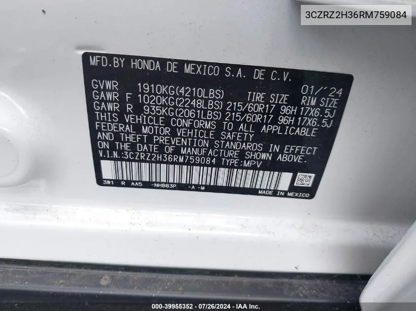 3CZRZ2H36RM759084 2024 Honda Hr-V Awd Lx