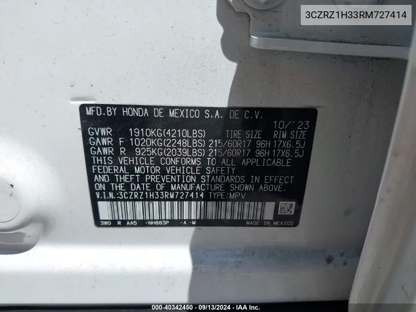 3CZRZ1H33RM727414 2024 Honda Hr-V 2Wd Lx