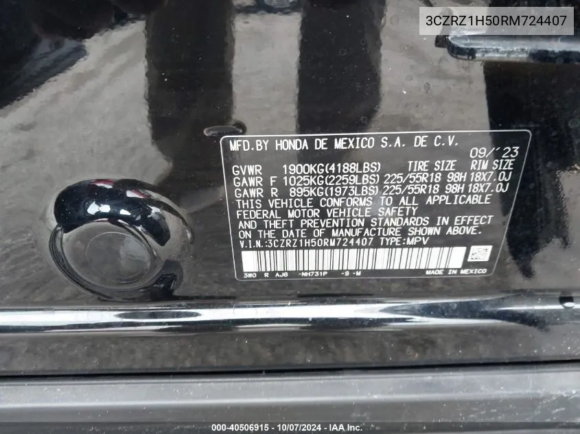 2024 Honda Hr-V 2Wd Sport/2Wd Sport W/O Bsi VIN: 3CZRZ1H50RM724407 Lot: 40506915