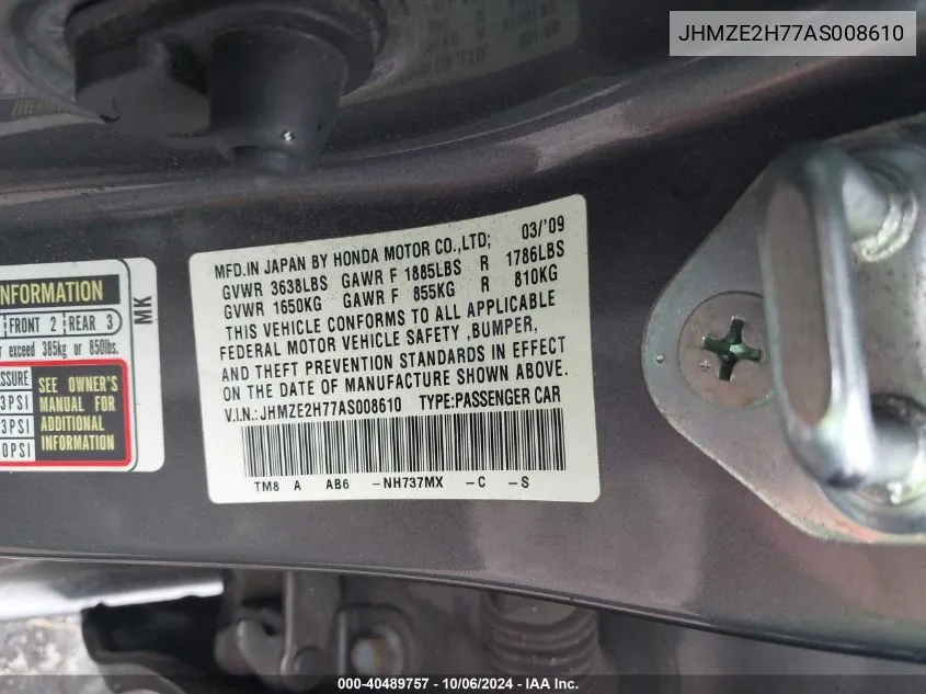 2010 Honda Insight Ex VIN: JHMZE2H77AS008610 Lot: 40489757