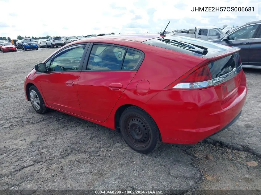 2012 Honda Insight Lx VIN: JHMZE2H57CS006681 Lot: 40468298