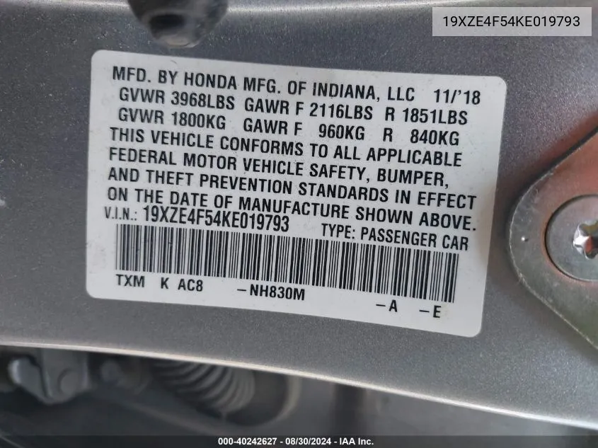 19XZE4F54KE019793 2019 Honda Insight Ex