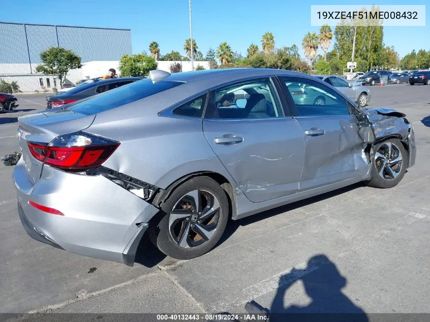 2021 Honda Insight Ex VIN: 19XZE4F51ME008432 Lot: 40132443