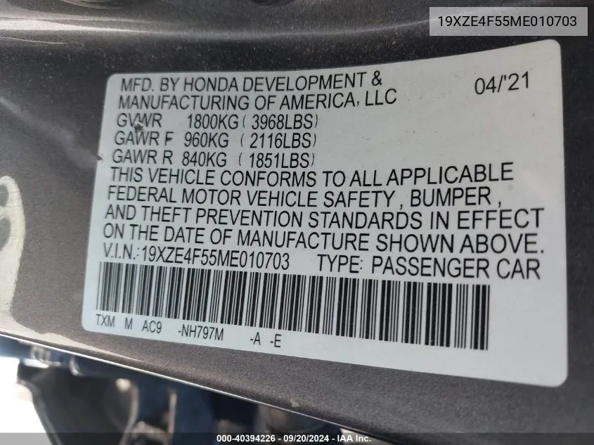 2021 Honda Insight Ex VIN: 19XZE4F55ME010703 Lot: 40394226