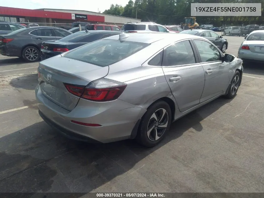 2022 Honda Insight Ex VIN: 19XZE4F55NE001758 Lot: 39370321