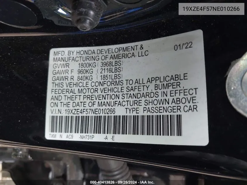 2022 Honda Insight Ex VIN: 19XZE4F57NE010266 Lot: 40413826