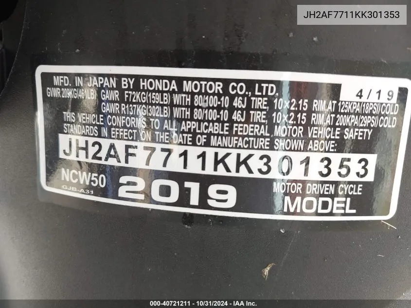 2019 Honda Ncw50 VIN: JH2AF7711KK301353 Lot: 40721211