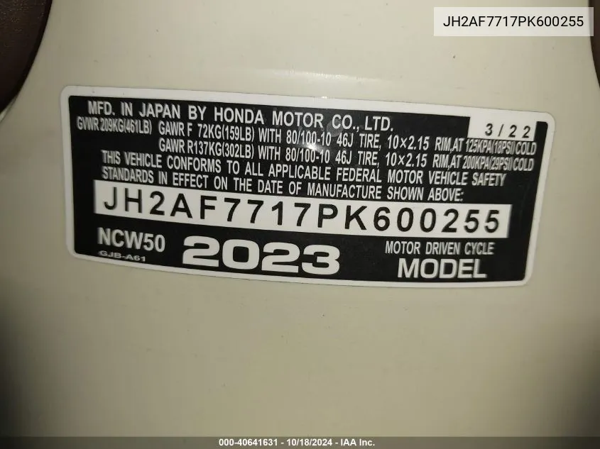 2023 Honda Ncw50 VIN: JH2AF7717PK600255 Lot: 40641631