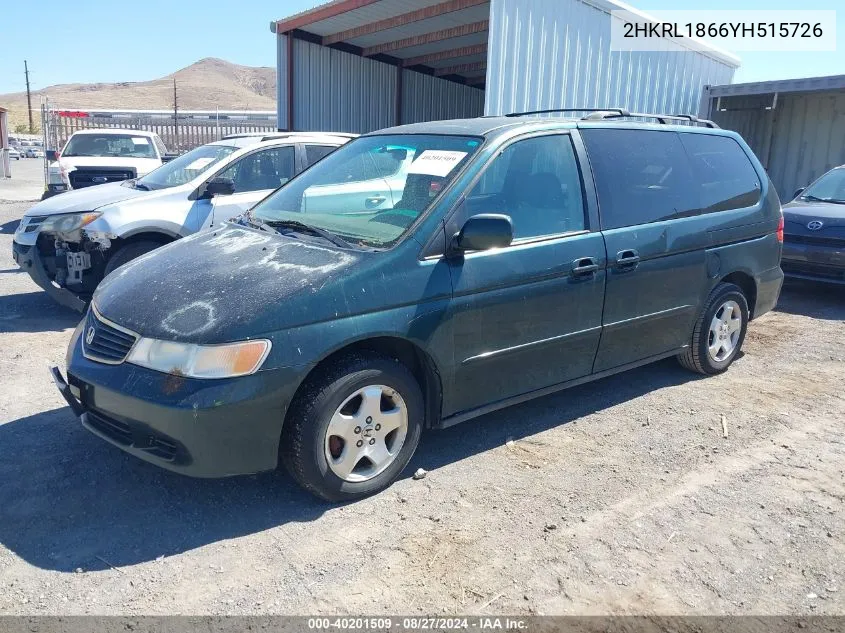 2000 Honda Odyssey Ex VIN: 2HKRL1866YH515726 Lot: 40201509