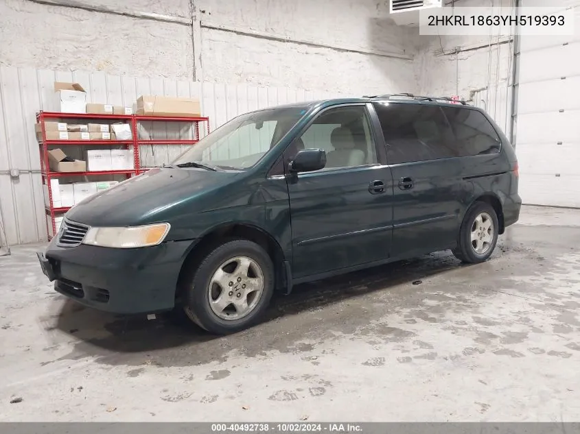 2000 Honda Odyssey Ex VIN: 2HKRL1863YH519393 Lot: 40492738