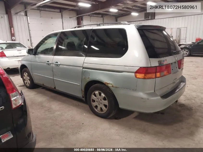 2002 Honda Odyssey Ex-L W/Dvd/Leather VIN: 2HKRL18072H580961 Lot: 40020653