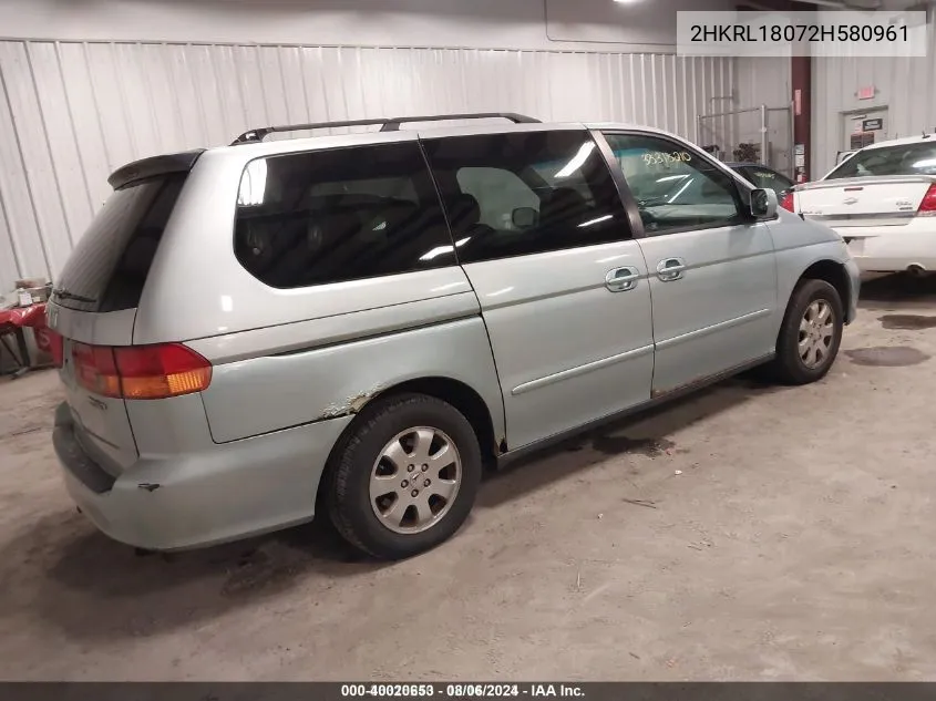 2002 Honda Odyssey Ex-L W/Dvd/Leather VIN: 2HKRL18072H580961 Lot: 40020653