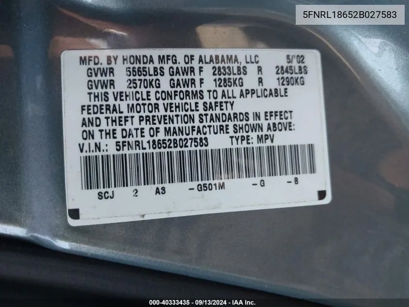 5FNRL18652B027583 2002 Honda Odyssey Ex